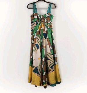 DVF Diane Von Furstenberg Silk Maxi Dress Sz 4 Abstract Print Teal Green